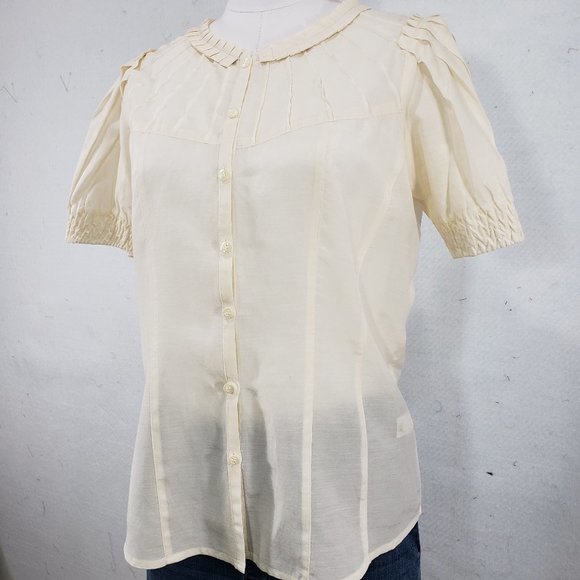 Halogen Silk Cotton Cream Pleated Blouse, Small - Picture 2 of 11